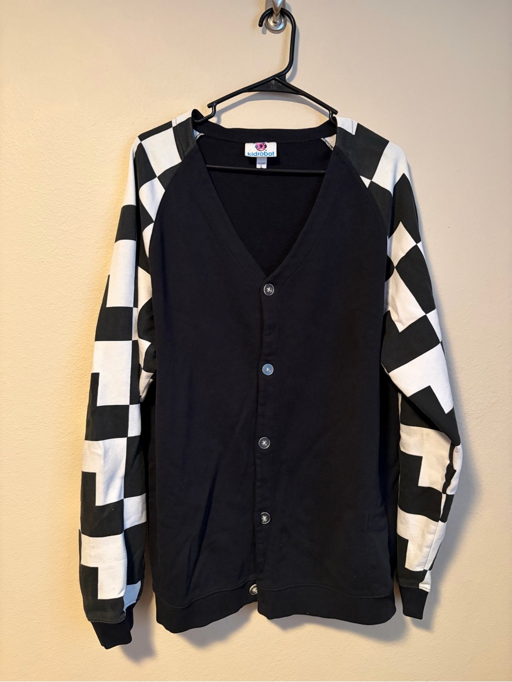 Vintage Scene Kid Robot Black Cardigan with Black & White Check Kidrobot Large